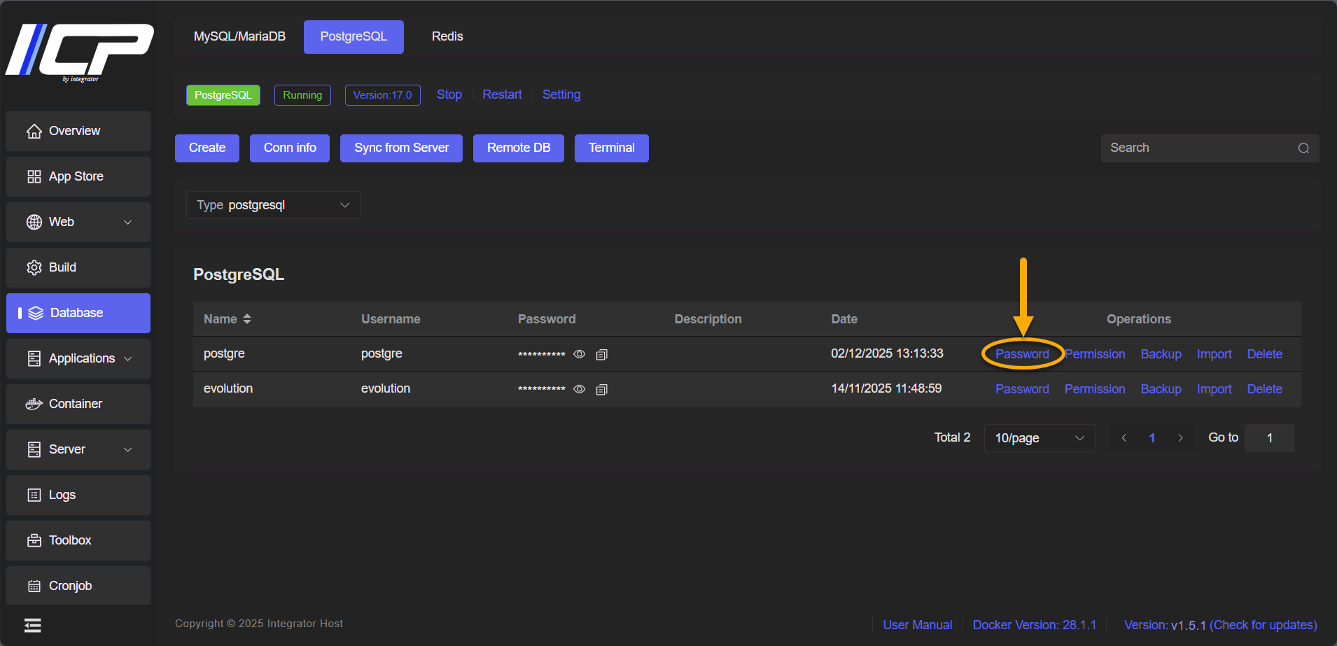 Edit PostgreSQL Database Details | iContainer