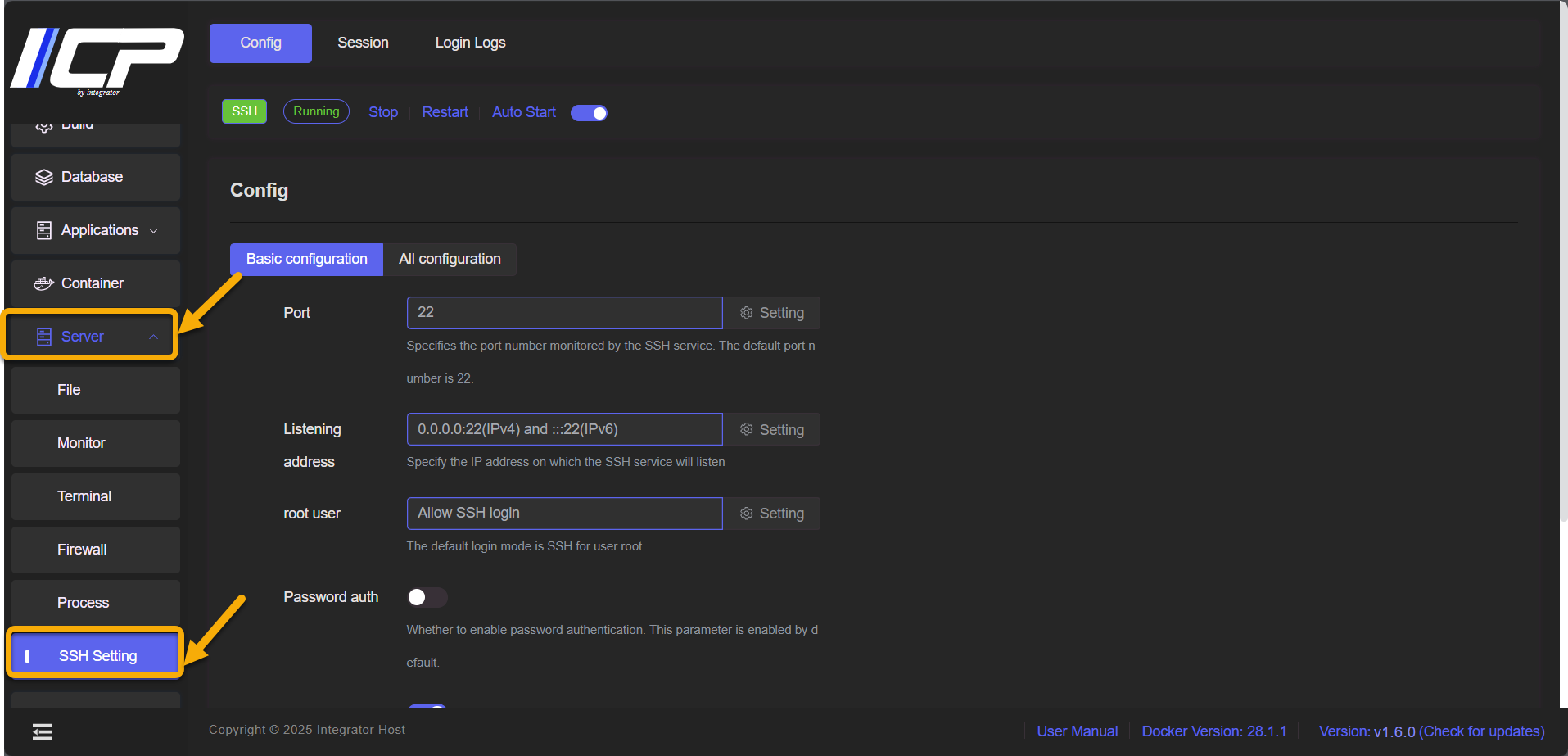 SSH Settings | iContainer
